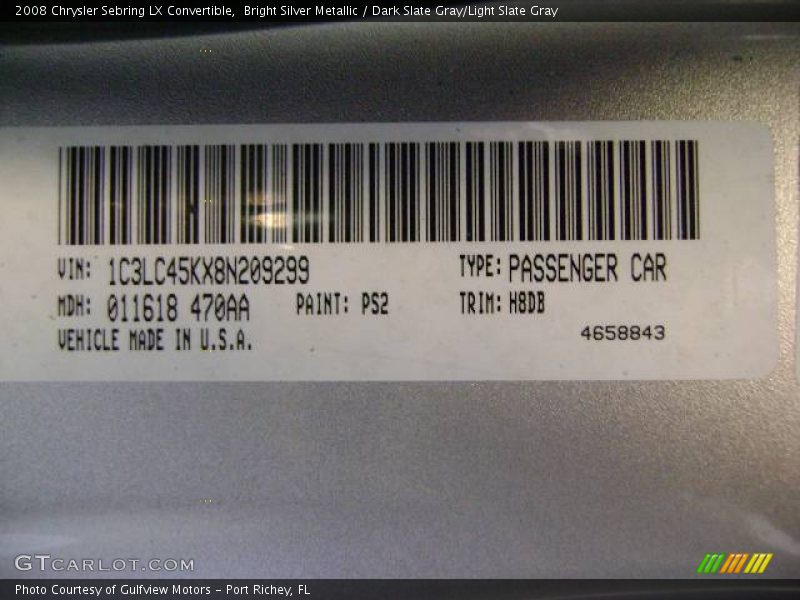 Bright Silver Metallic / Dark Slate Gray/Light Slate Gray 2008 Chrysler Sebring LX Convertible
