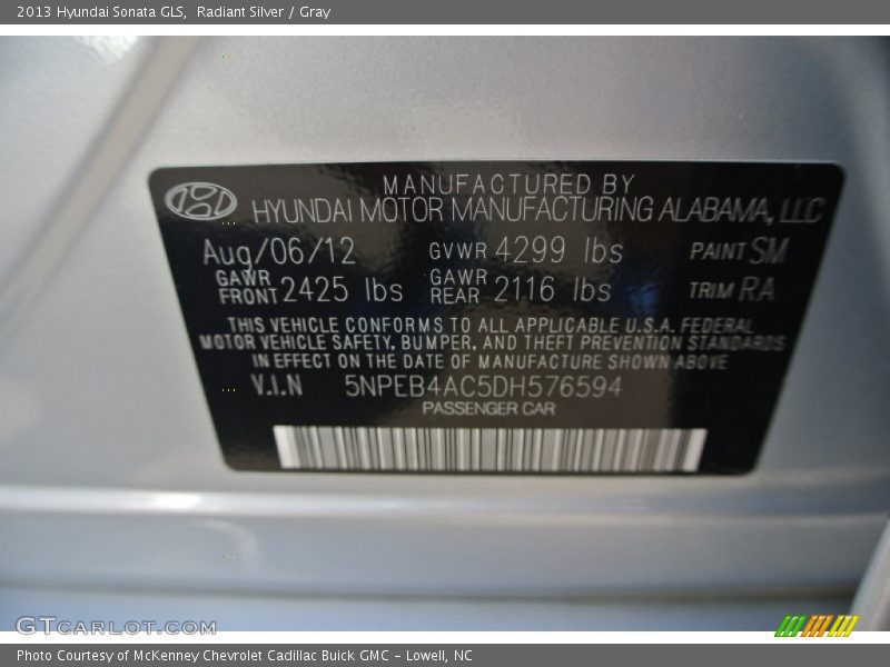 Radiant Silver / Gray 2013 Hyundai Sonata GLS