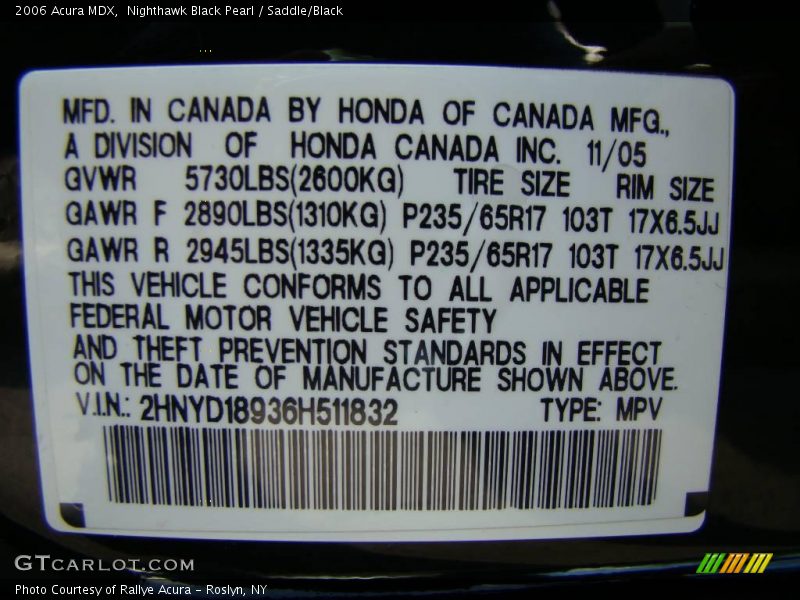Nighthawk Black Pearl / Saddle/Black 2006 Acura MDX