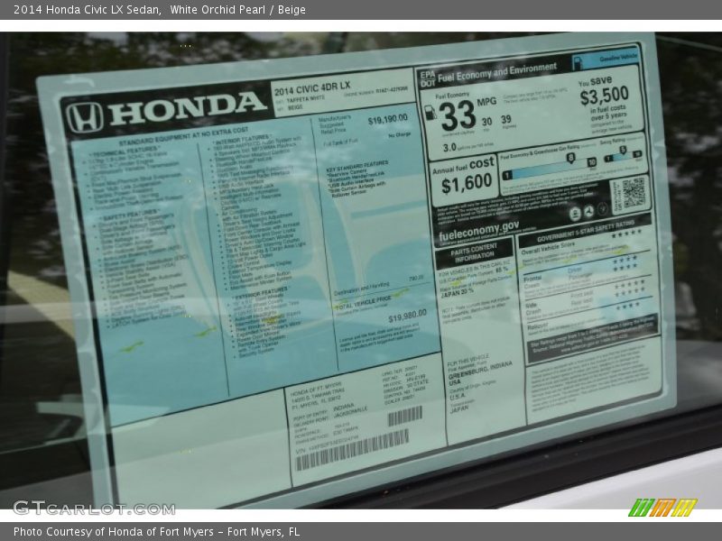 White Orchid Pearl / Beige 2014 Honda Civic LX Sedan