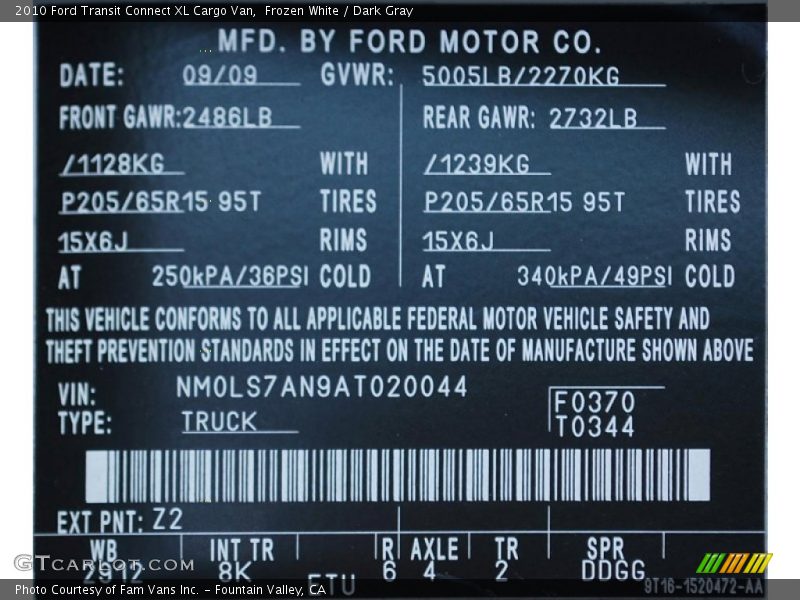 Frozen White / Dark Gray 2010 Ford Transit Connect XL Cargo Van