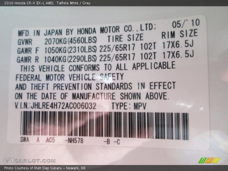 Taffeta White / Gray 2010 Honda CR-V EX-L AWD