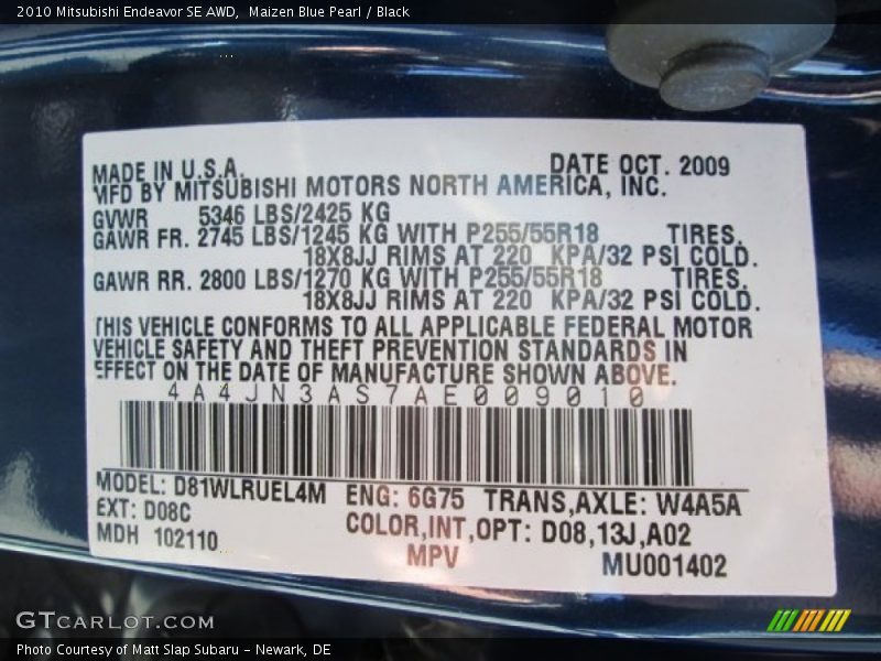 Maizen Blue Pearl / Black 2010 Mitsubishi Endeavor SE AWD