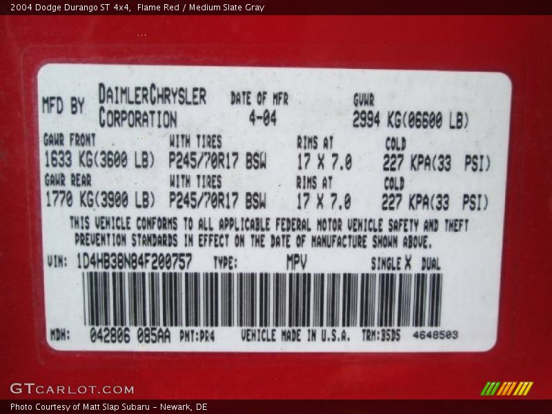 Flame Red / Medium Slate Gray 2004 Dodge Durango ST 4x4