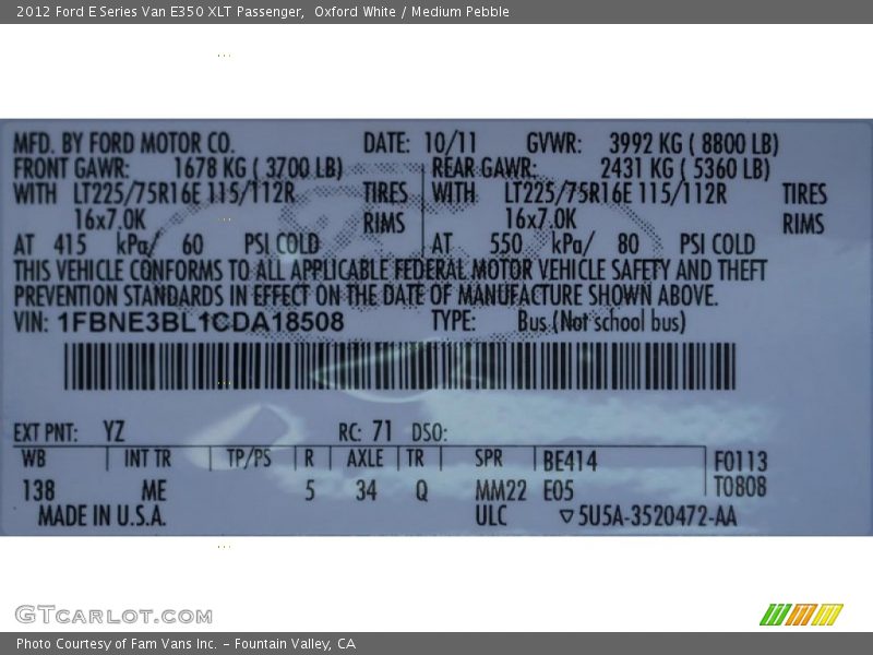 Oxford White / Medium Pebble 2012 Ford E Series Van E350 XLT Passenger