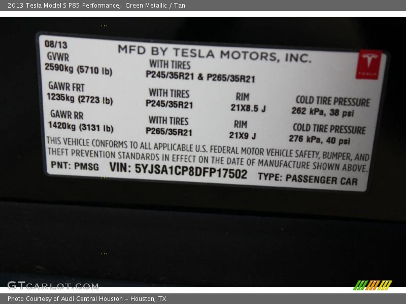 Green Metallic / Tan 2013 Tesla Model S P85 Performance