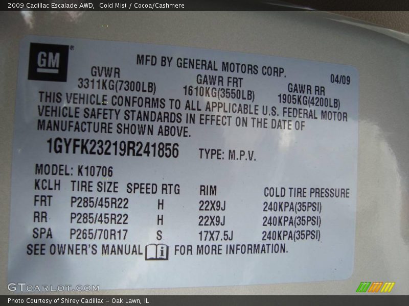 Gold Mist / Cocoa/Cashmere 2009 Cadillac Escalade AWD