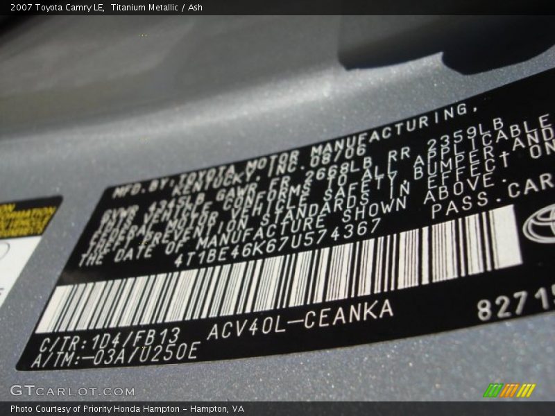 Titanium Metallic / Ash 2007 Toyota Camry LE