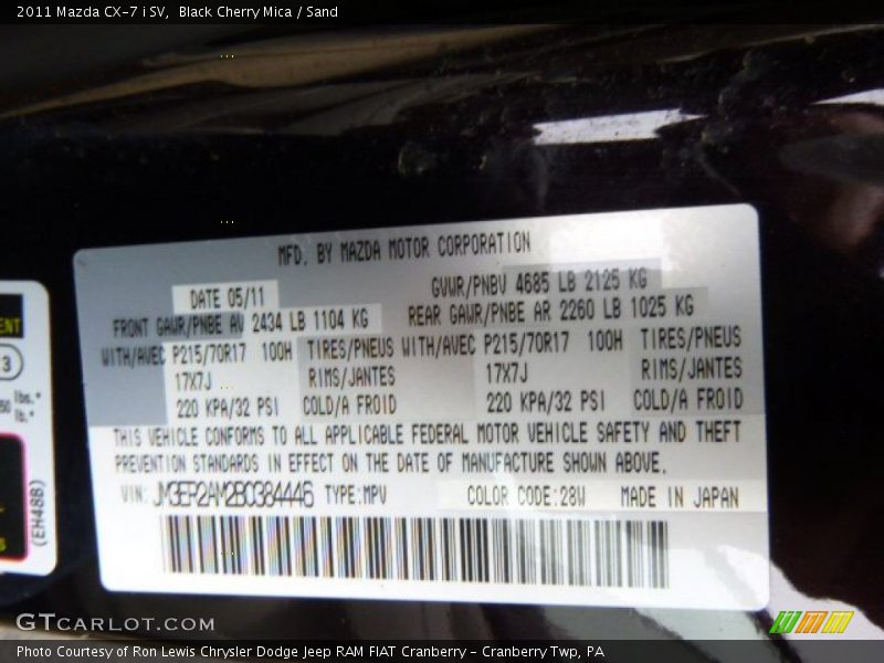 2011 CX-7 i SV Black Cherry Mica Color Code 28W