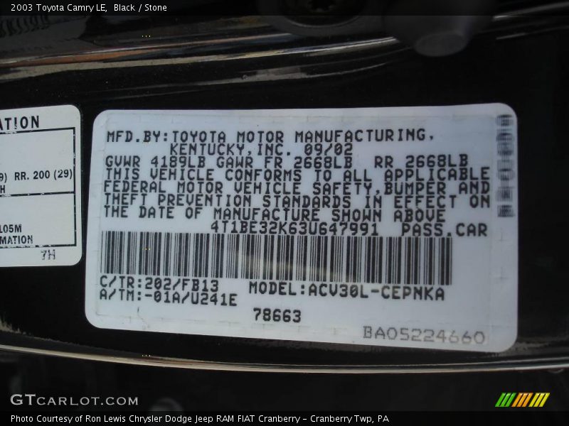 Black / Stone 2003 Toyota Camry LE