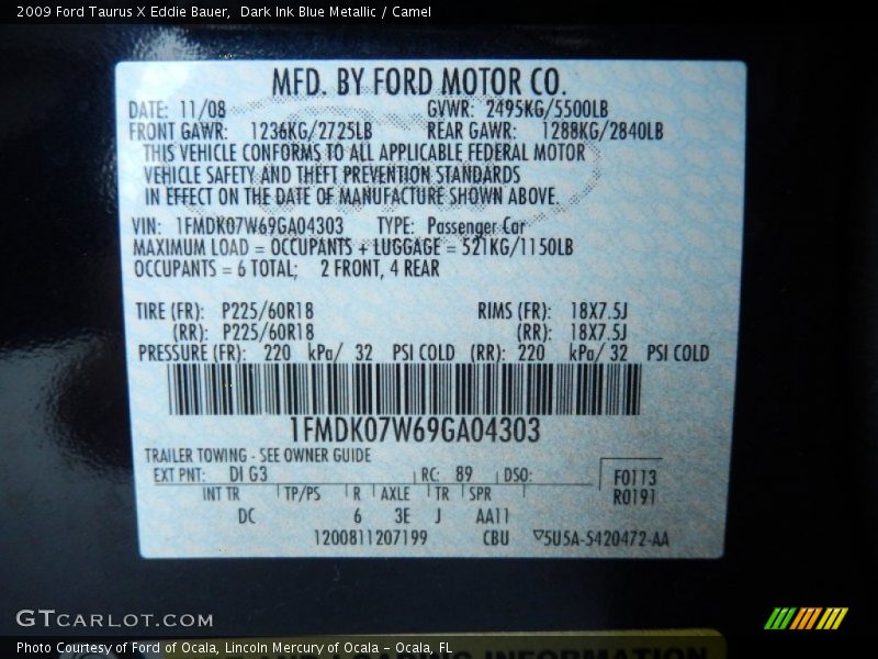 2009 Taurus X Eddie Bauer Dark Ink Blue Metallic Color Code DI