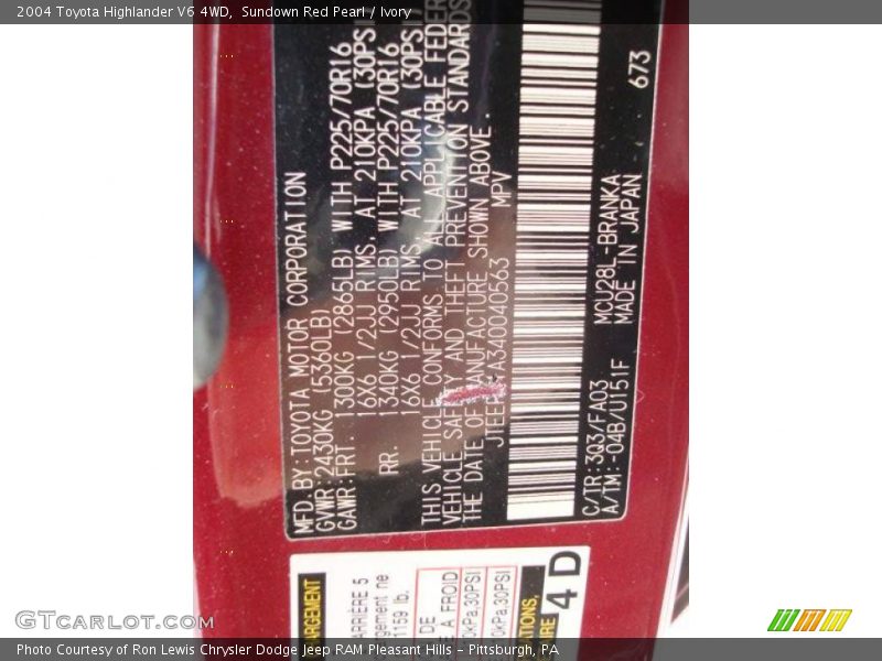 Sundown Red Pearl / Ivory 2004 Toyota Highlander V6 4WD