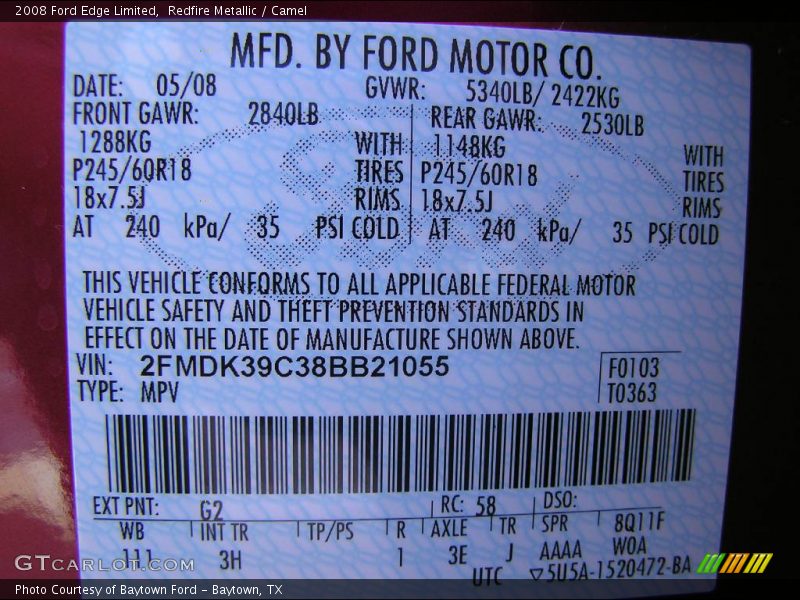 Redfire Metallic / Camel 2008 Ford Edge Limited