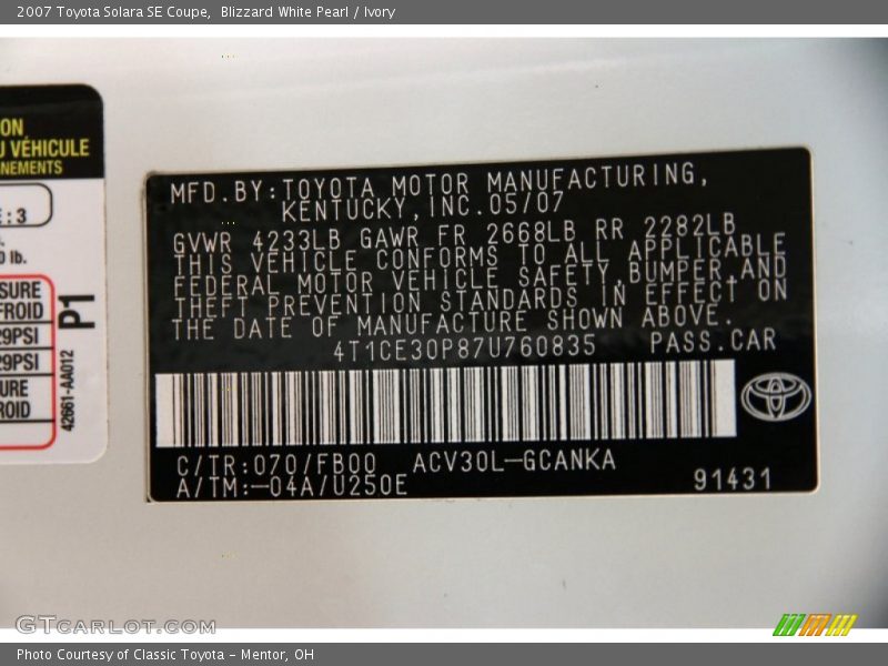 Blizzard White Pearl / Ivory 2007 Toyota Solara SE Coupe