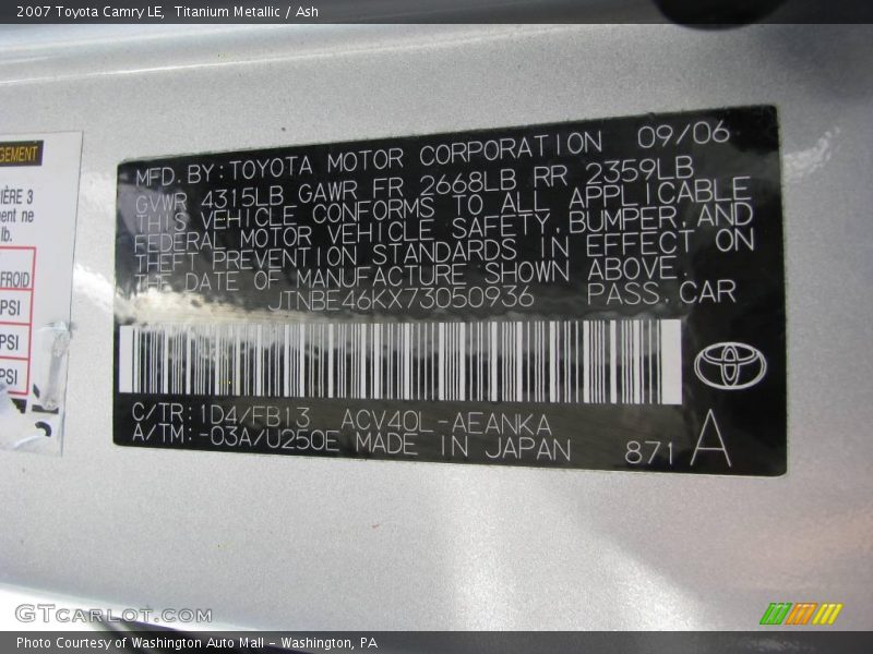Titanium Metallic / Ash 2007 Toyota Camry LE