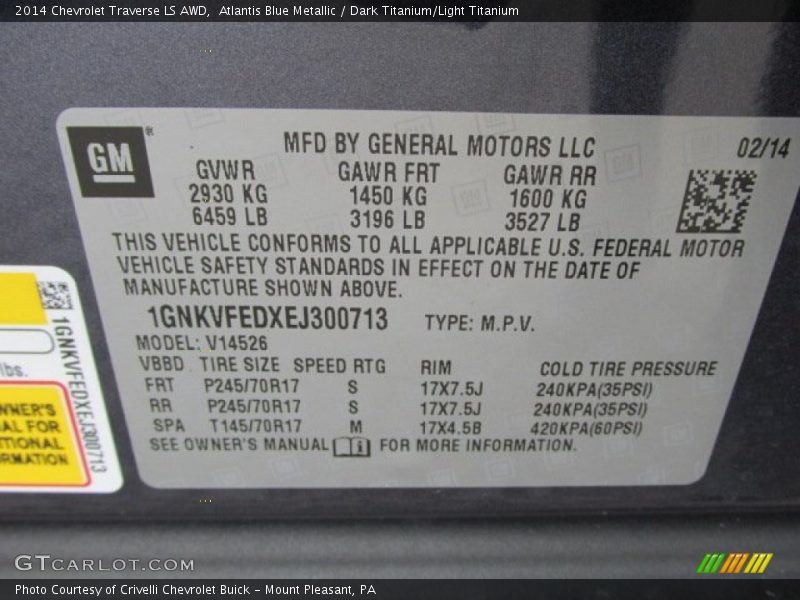 Atlantis Blue Metallic / Dark Titanium/Light Titanium 2014 Chevrolet Traverse LS AWD