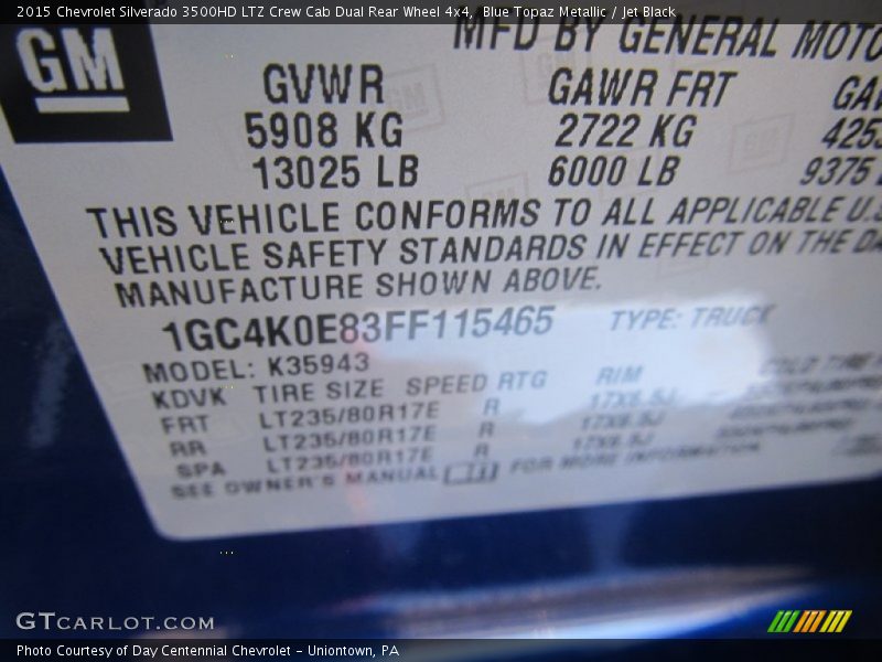 Blue Topaz Metallic / Jet Black 2015 Chevrolet Silverado 3500HD LTZ Crew Cab Dual Rear Wheel 4x4