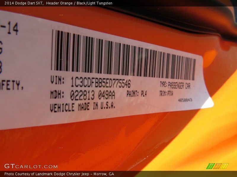 Header Orange / Black/Light Tungsten 2014 Dodge Dart SXT