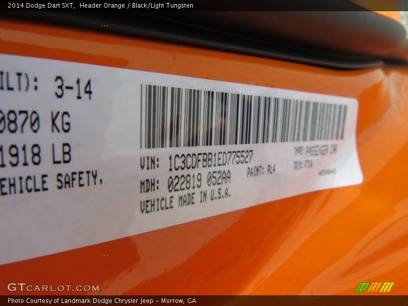 Header Orange / Black/Light Tungsten 2014 Dodge Dart SXT