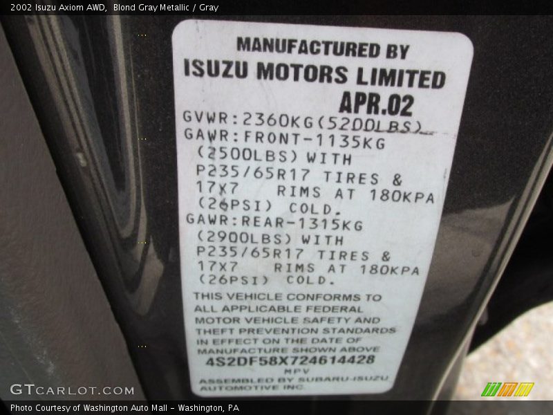 Blond Gray Metallic / Gray 2002 Isuzu Axiom AWD