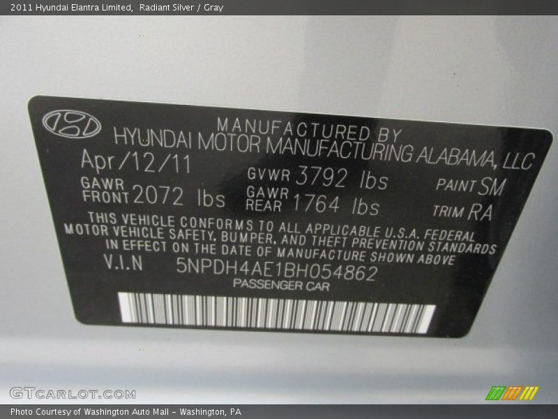 Radiant Silver / Gray 2011 Hyundai Elantra Limited