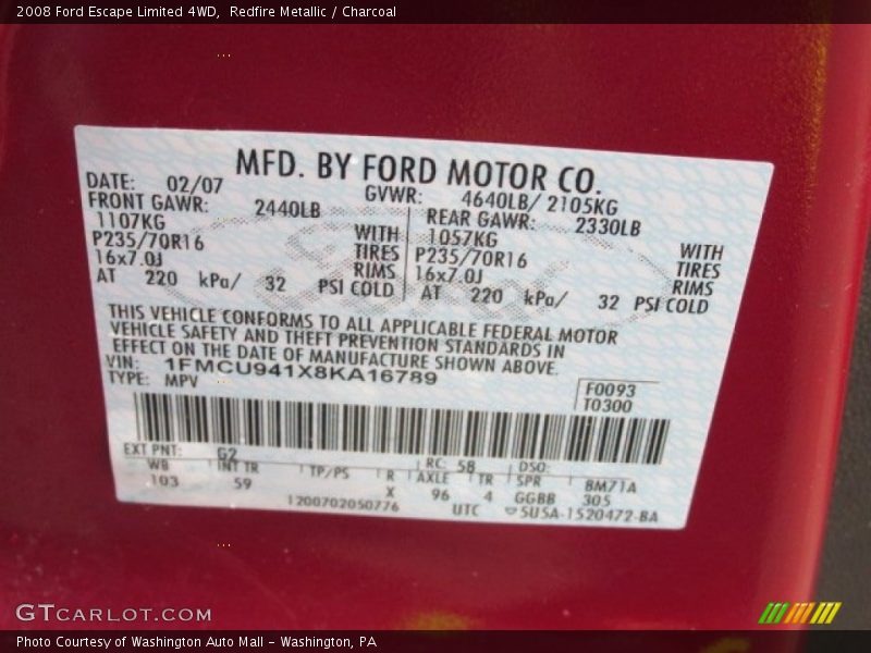 Redfire Metallic / Charcoal 2008 Ford Escape Limited 4WD