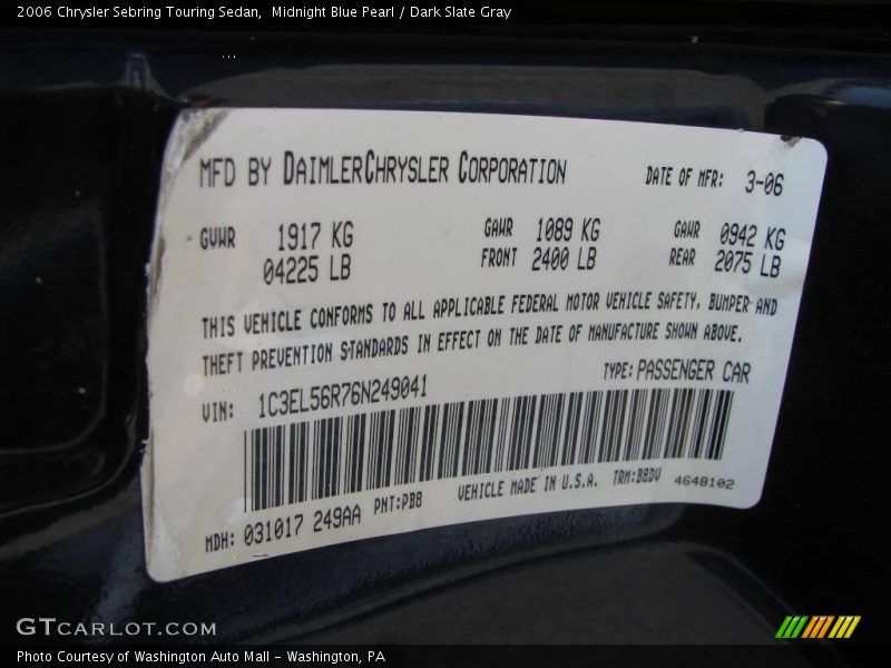 Midnight Blue Pearl / Dark Slate Gray 2006 Chrysler Sebring Touring Sedan