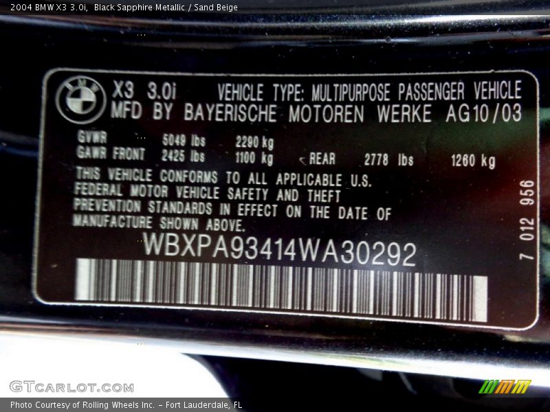 Black Sapphire Metallic / Sand Beige 2004 BMW X3 3.0i