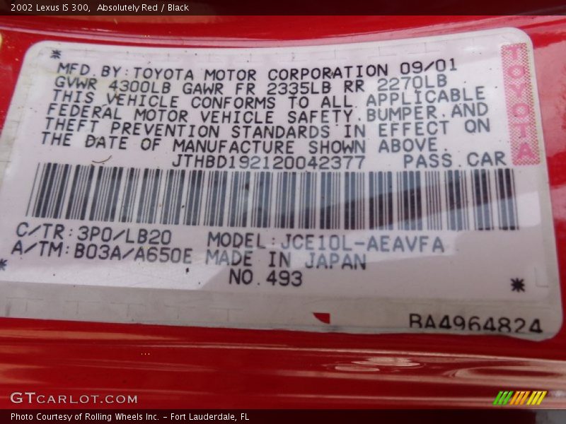 2002 IS 300 Absolutely Red Color Code 3P0