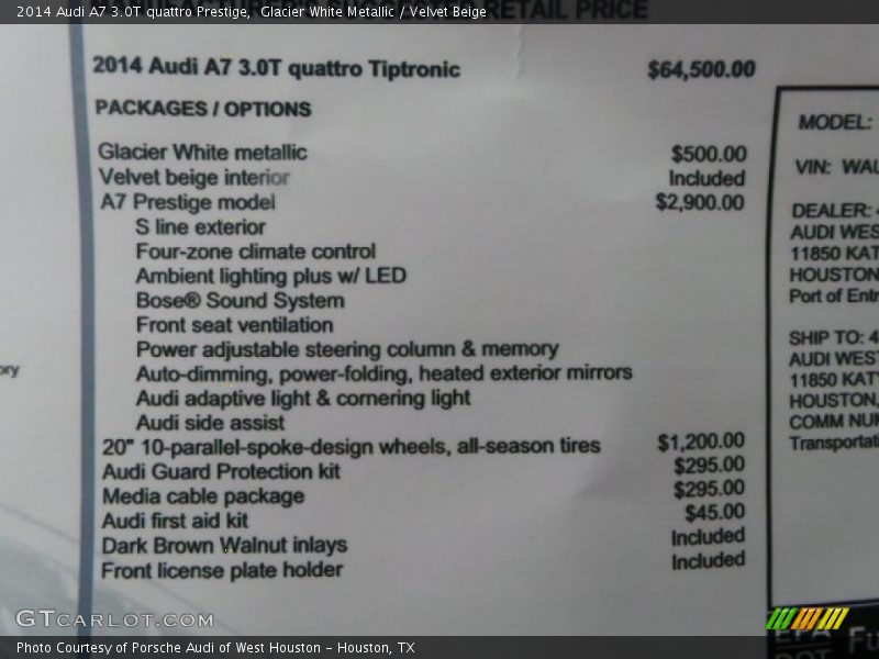 Glacier White Metallic / Velvet Beige 2014 Audi A7 3.0T quattro Prestige