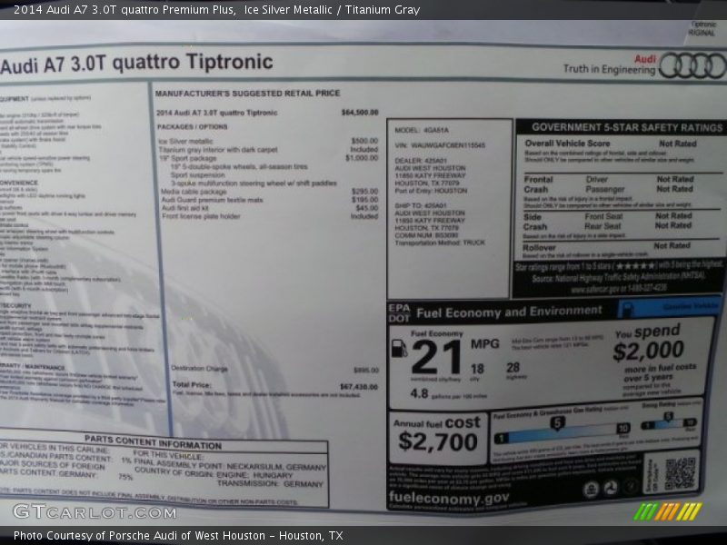  2014 A7 3.0T quattro Premium Plus Window Sticker