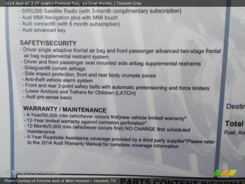  2014 A7 3.0T quattro Premium Plus Window Sticker