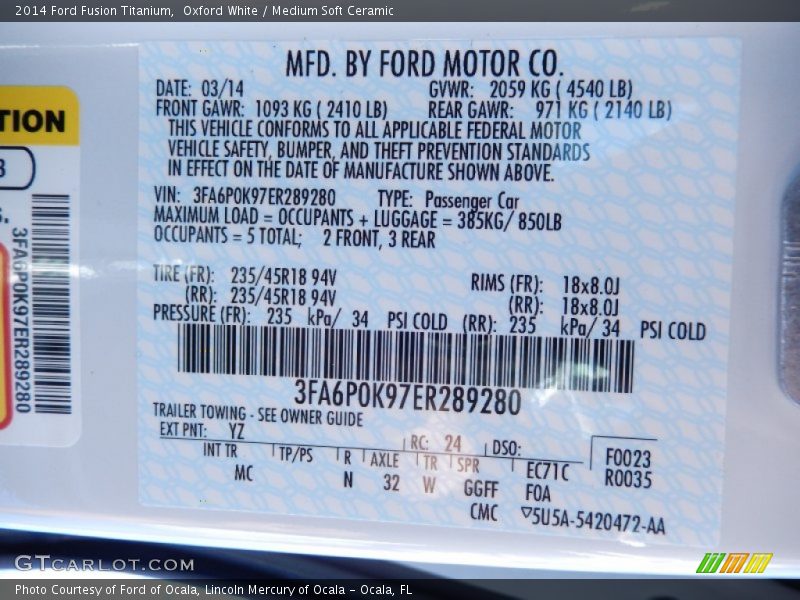 2014 Fusion Titanium Oxford White Color Code YZ