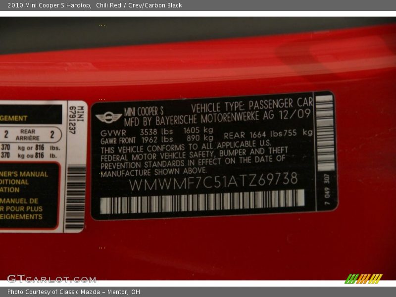 Chili Red / Grey/Carbon Black 2010 Mini Cooper S Hardtop