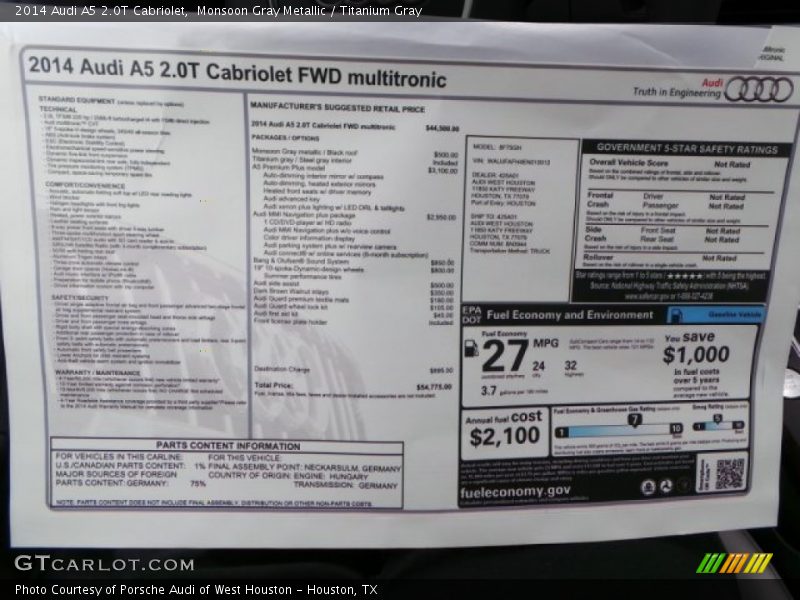  2014 A5 2.0T Cabriolet Window Sticker