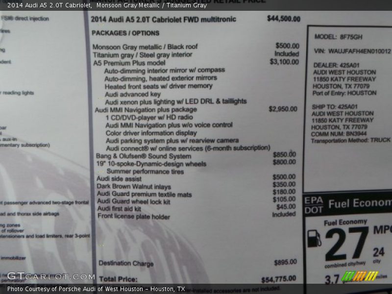  2014 A5 2.0T Cabriolet Window Sticker