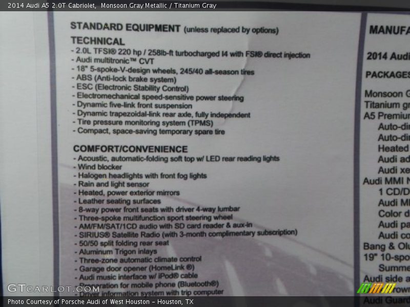  2014 A5 2.0T Cabriolet Window Sticker