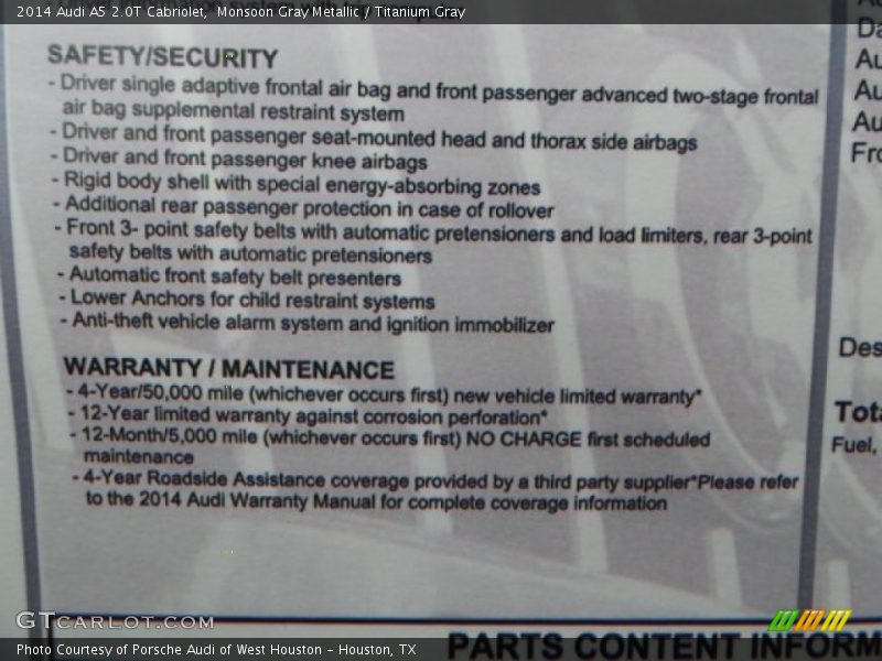  2014 A5 2.0T Cabriolet Window Sticker