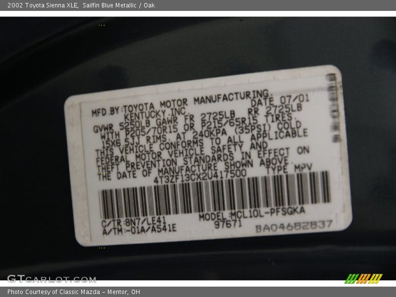 2002 Sienna XLE Sailfin Blue Metallic Color Code 8N7
