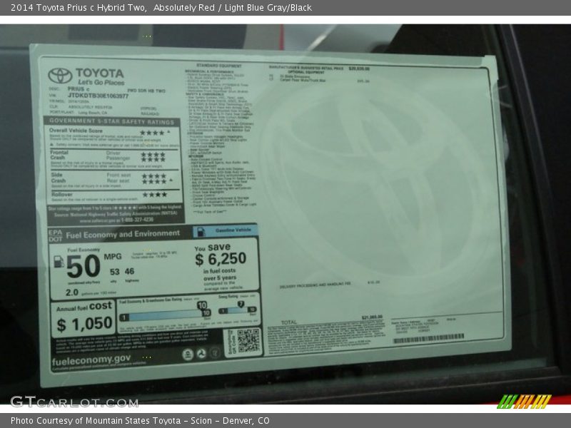 Absolutely Red / Light Blue Gray/Black 2014 Toyota Prius c Hybrid Two