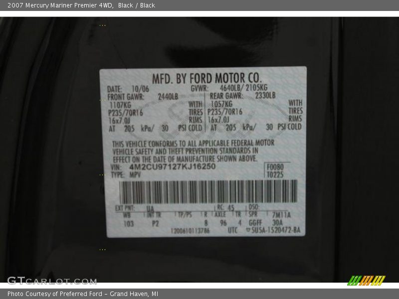 Black / Black 2007 Mercury Mariner Premier 4WD