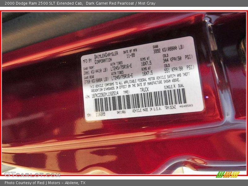 Dark Garnet Red Pearlcoat / Mist Gray 2000 Dodge Ram 2500 SLT Extended Cab