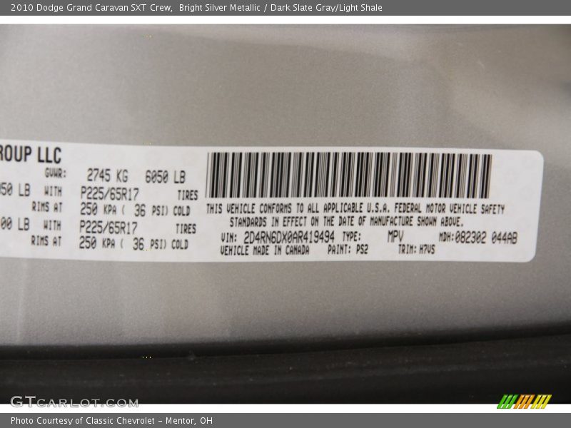 Bright Silver Metallic / Dark Slate Gray/Light Shale 2010 Dodge Grand Caravan SXT Crew