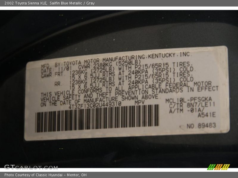 Sailfin Blue Metallic / Gray 2002 Toyota Sienna XLE