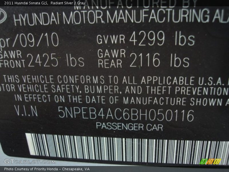 Radiant Silver / Gray 2011 Hyundai Sonata GLS