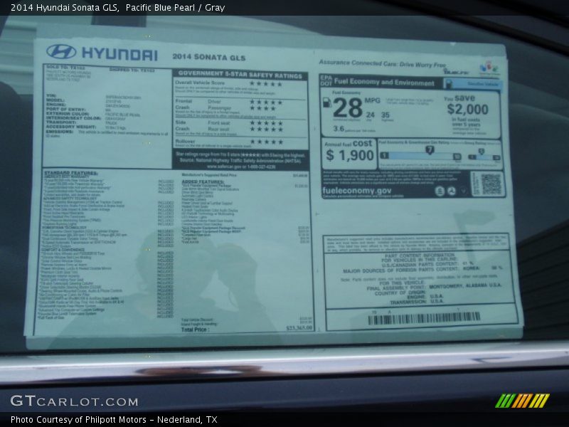 Pacific Blue Pearl / Gray 2014 Hyundai Sonata GLS