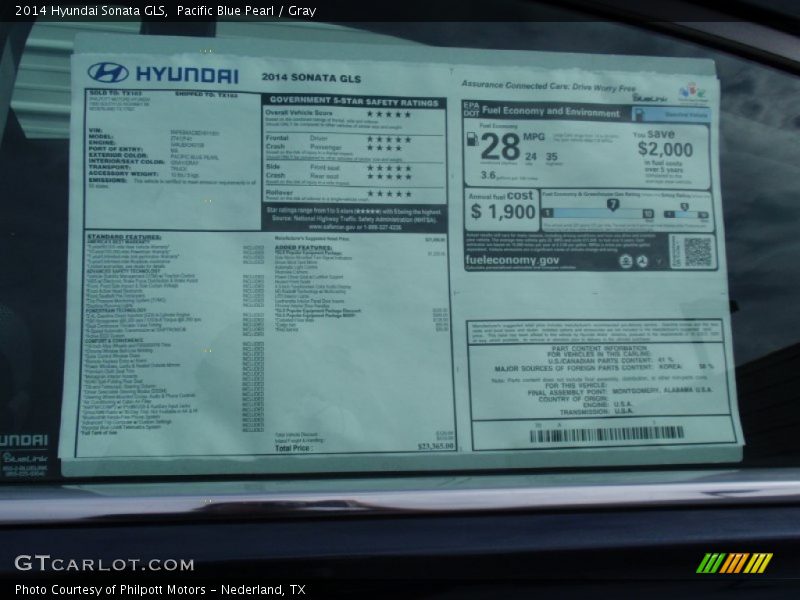 Pacific Blue Pearl / Gray 2014 Hyundai Sonata GLS