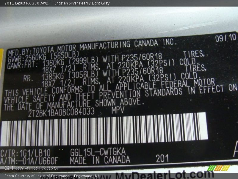 Tungsten Silver Pearl / Light Gray 2011 Lexus RX 350 AWD