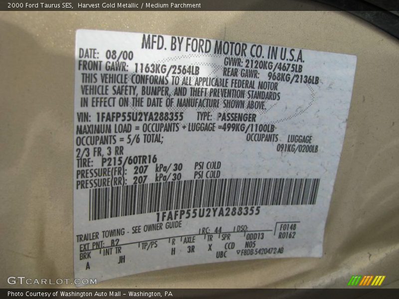 Harvest Gold Metallic / Medium Parchment 2000 Ford Taurus SES