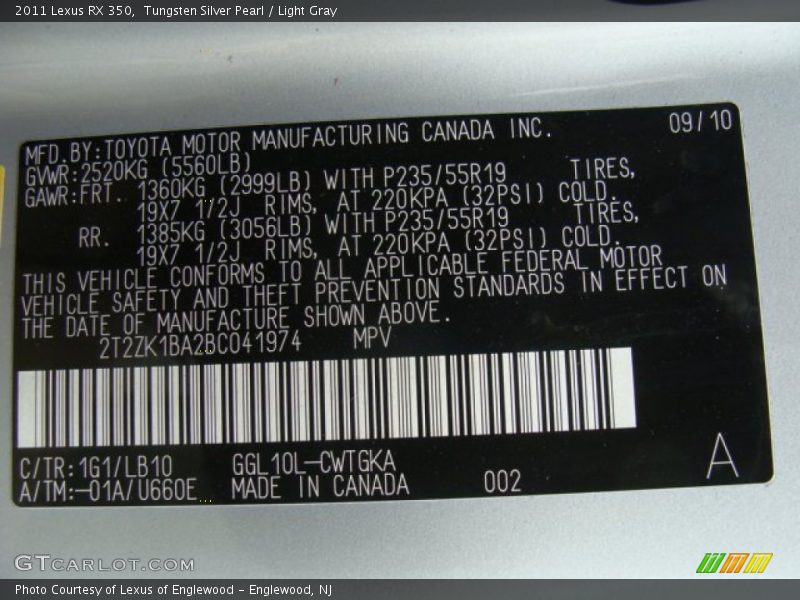 Tungsten Silver Pearl / Light Gray 2011 Lexus RX 350